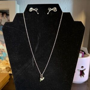Silver Necklace with Green Crystal Accent Necklace and Bow Earrings